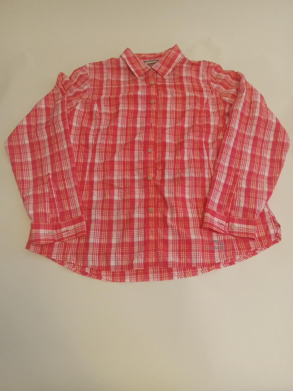 L.L. Bean Pink Plaid Button-Down Nylon Blend Tab Sleeve Long Sleeve Shirt Sz L